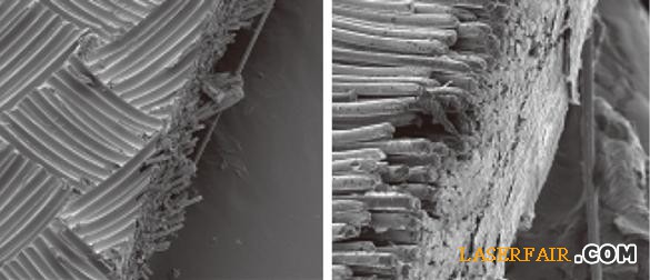 圖3、機械切割（左圖，放大500倍）和光纖激光器切割（右圖，放大1200倍）的邊緣切割質(zhì)量比較。