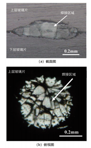 圖 6. 微分干涉差顯微鏡下的焊接區(qū)域微觀形貌（基片預(yù)熱溫度 293K，脈沖寬度 7.5ms，光束能量為 2.3J/ 脈沖）。