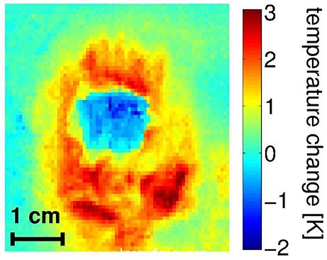  這張紅外照片顯示的是用激光進(jìn)行冷卻后的氣體（藍(lán)色）以及它四周的金屬間（紅色和黃色）的溫度變化。在用一特種激光束進(jìn)行了30秒的脈沖照射后，與它的容器相比，氣體的溫度下降了幾度。